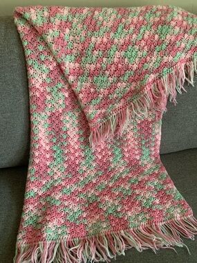 Handmade Crocheted Pink & Mint Afghan Throw Blanket Fringed Edges 44” x 44”